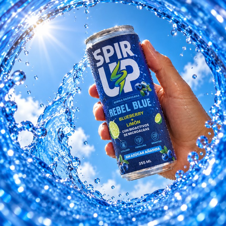 Mano sosteniendo una lata de Spir Up Rebel Blue entre agua