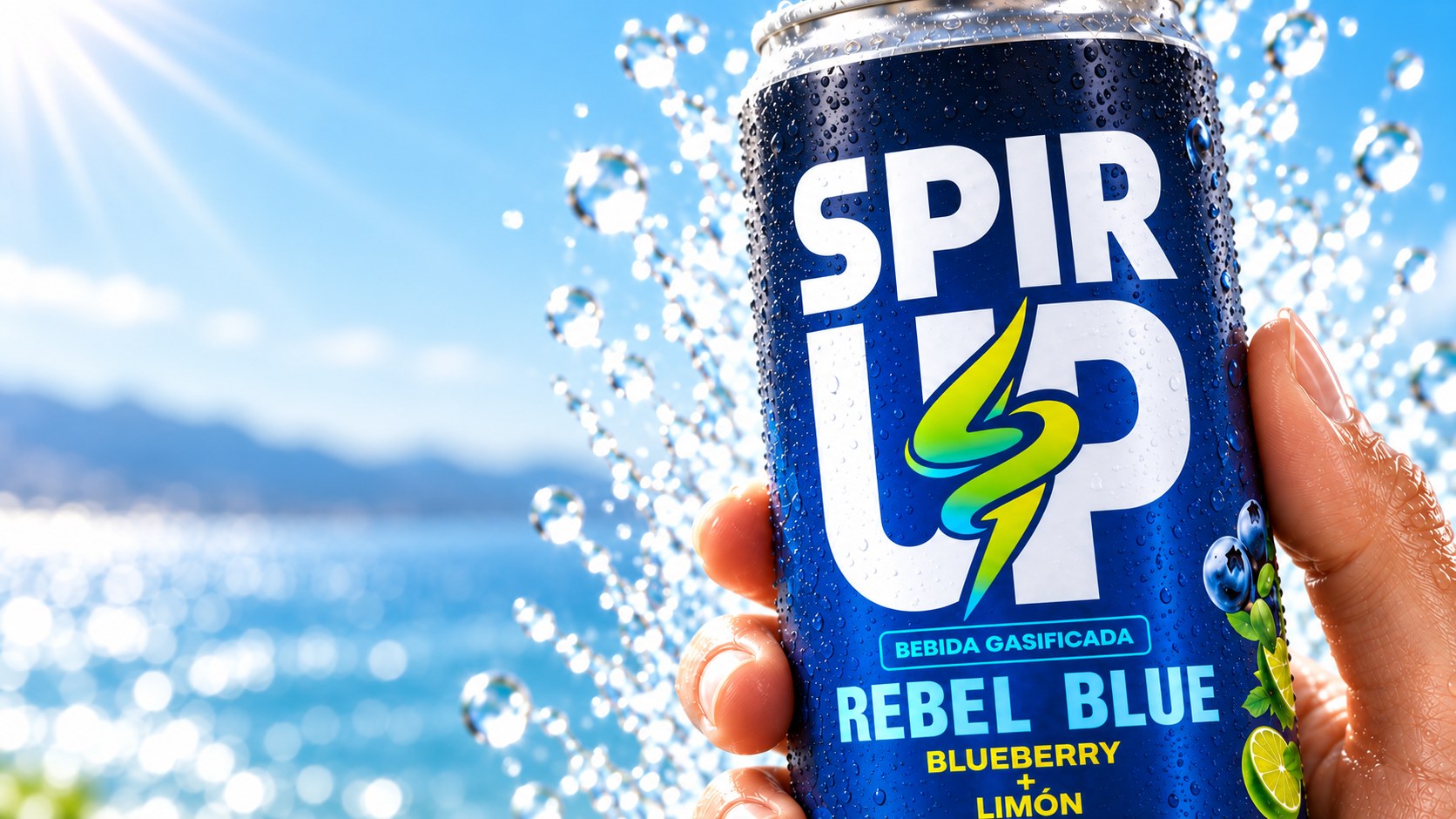 Mano sosteniendo una lata de Spir Up Rebel Blue frente al mar